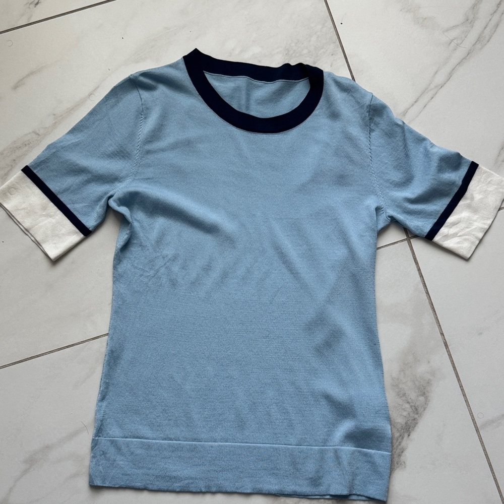 Prada Light Blue Knit Top with Navy and Cream Trim size 38